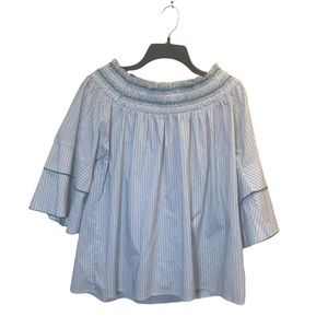 Grand and Greene Striped Blue White Bell Fluted Sleeve Off Shoulder Top